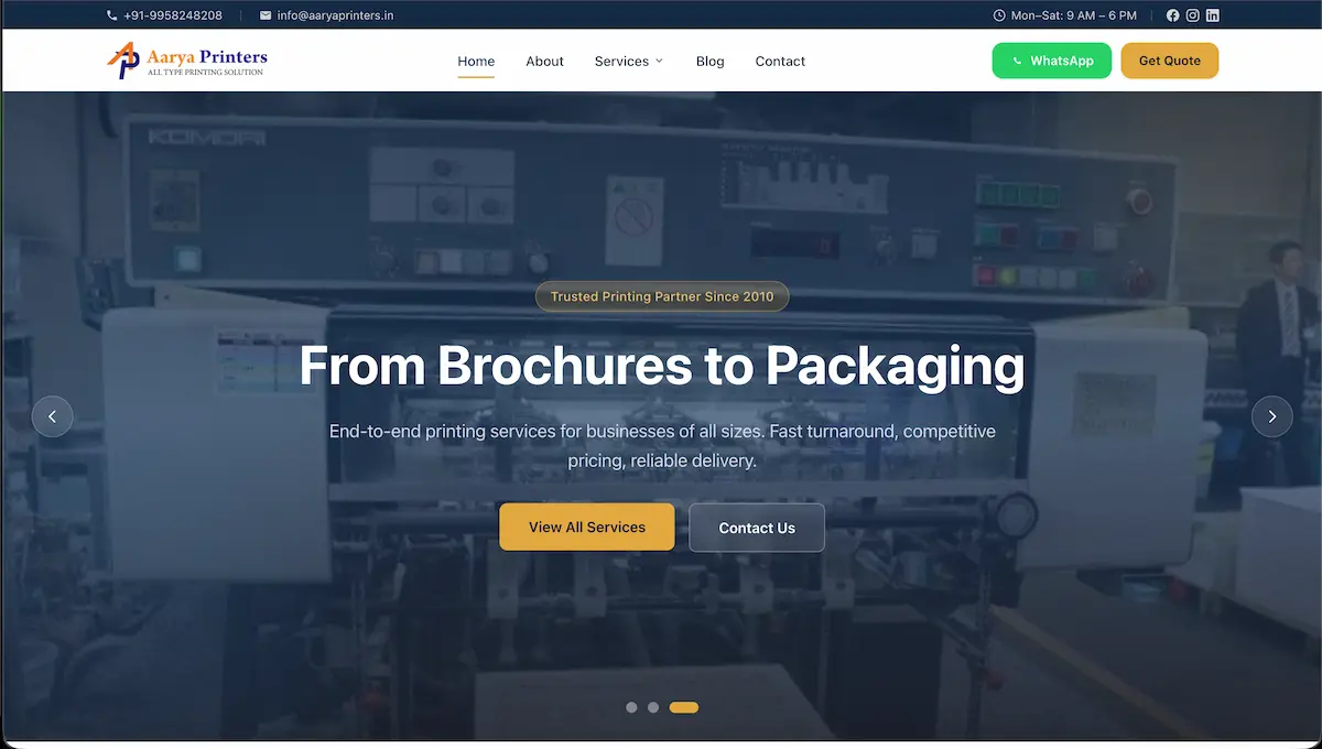 Home page of the Aarya Printers website