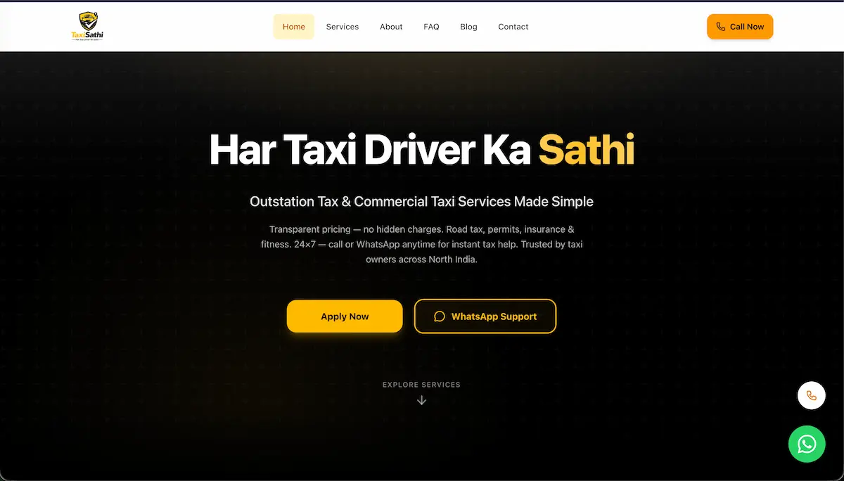 Home page of the TaxiSathi website