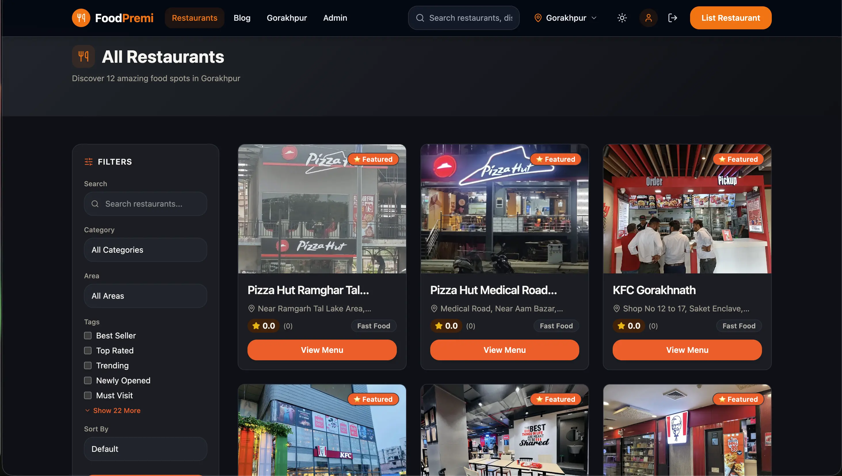 Home page of the Food Premi website